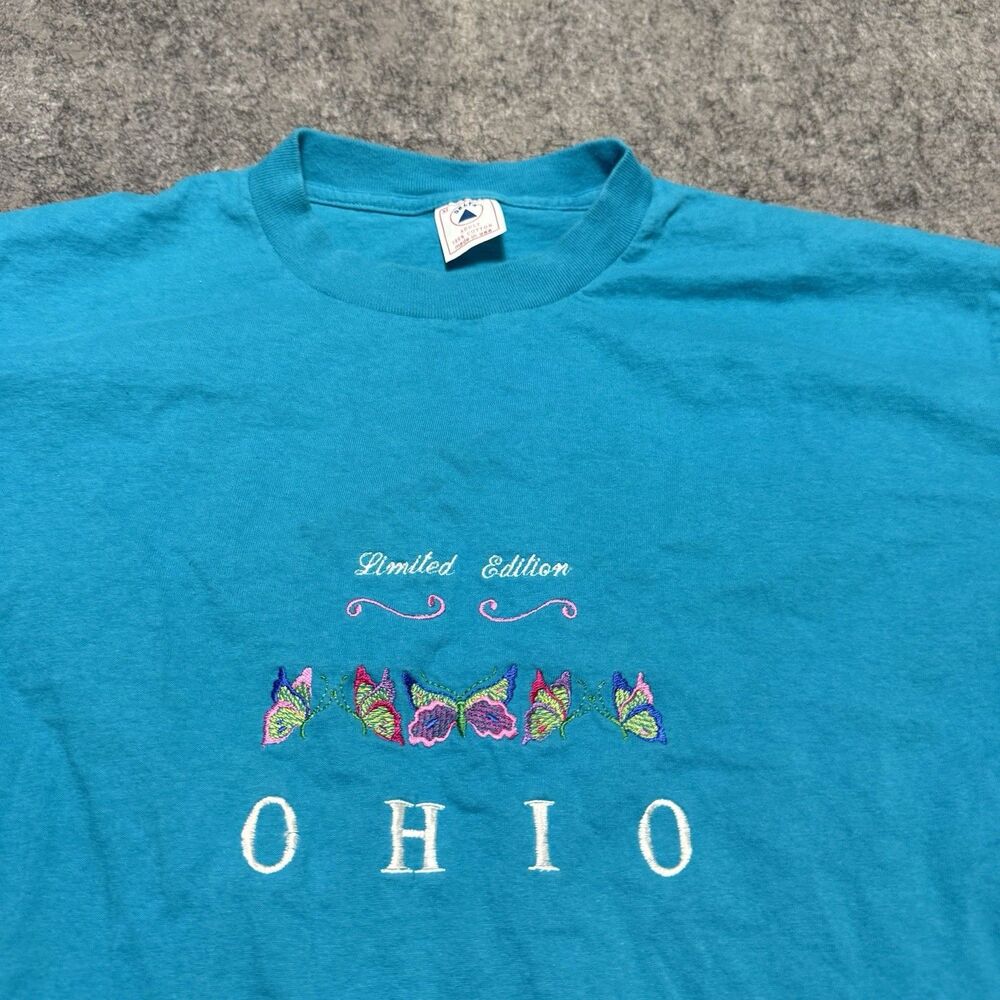 Vintage 90s Ohio Embroidered T Shirt XL Delta Single Stitch Butterfly Souvenir